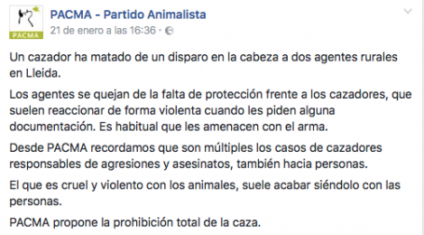 ADMITIDA A TRÁMITE LA DEMANDA DE LA ONC CONTRA EL PACMA POR SU ATAQUE A LOS CAZADORES