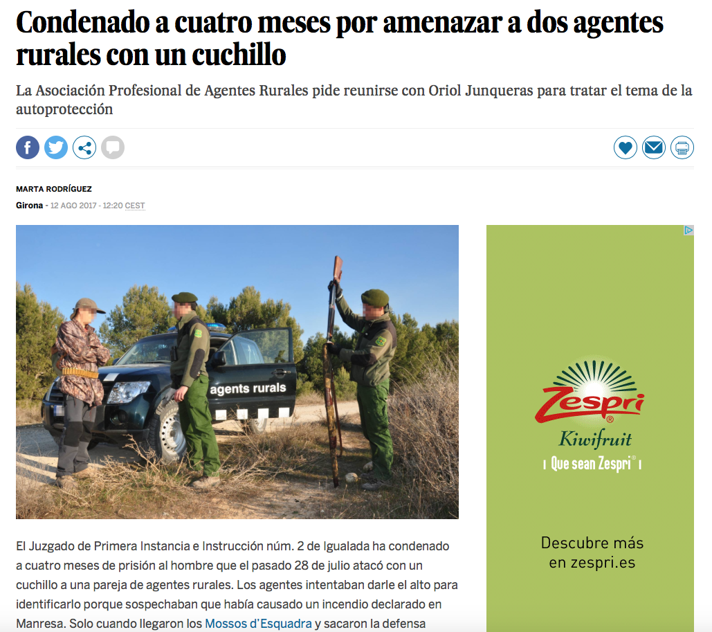 LA ONC PIDE AL DIARIO EL PAÍS UNA RECTIFICACIÓN POR UTILIZAR LA IMAGEN DE UN CAZADOR PARA ILUSTRAR LA AMENAZA DE UN VAGABUNDO A DOS AGENTES RURALES