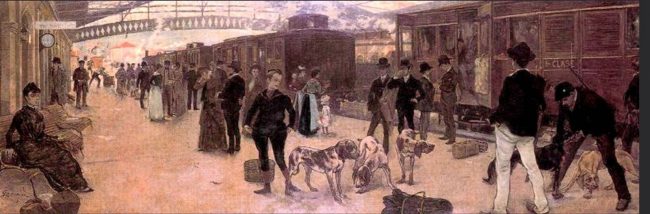 Arte: Cazadores en la estación de Abando. Guiard Adolfo 1887
