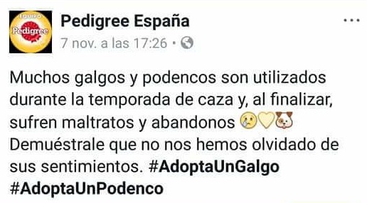 La RFEC y la FEG instan a Pedigree España a retirar el post que acusa a los cazadores de maltratar y abandonar galgos y podencos