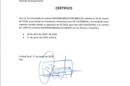La campaña de Fundación Artemisan y la Federación Española de Caza recauda más de 45.000 euros a beneficio del proyecto ‘Cáritas ante el Coronavirus’