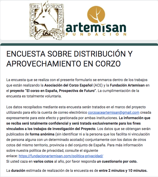 La ACE y Fundación Artemisan lanzan una encuesta sobre distribución y aprovechamiento de corzo